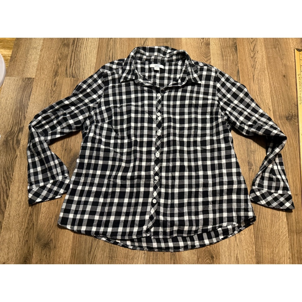 Croft & Barrow Shirt Women Size PL Black Button Up Long Sleeve Plaid Cotton